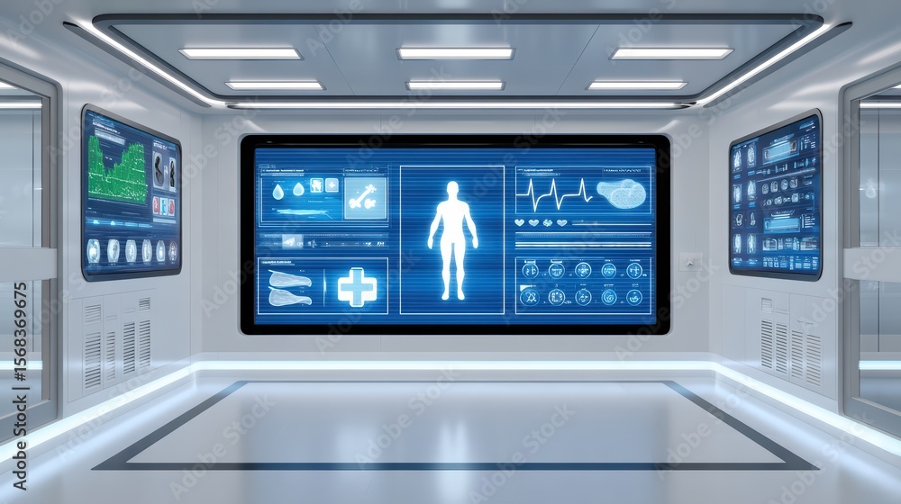 Poster high-tech medical laboratory with advanced health monitoring displays and digital interfaces