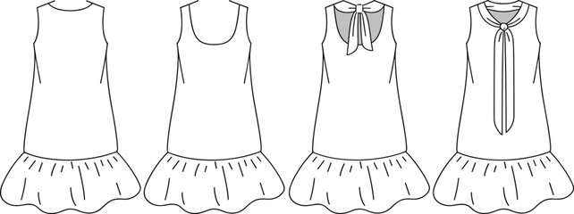 Girls drop waist dress vector, baby dress sketch, toddler sleeveless dress, fashion flat template, kids wear outline, back bow dress