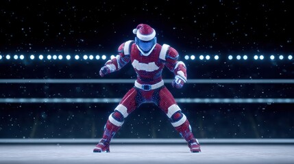 Futuristic Robot Wrestler in Santa Hat Ready for Holiday Season Competition in Dynamic Arena Environment