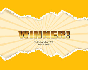 Winner congratulations banner with torn paper effect in vibrant yellow. vector horizontal background design.