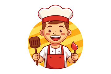 Friendly Chef Ready to Cook: A friendly chef, full of cheer and ready to cook. Holds spatula and a brush to serve, showcasing culinary passion. Illustration. 