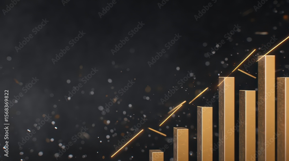 Aufkleber abstract financial growth with golden bars and glowing elements on dark background with sparkles and