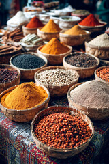 colorful spice assortments in baskets on a patterned cloth at a market