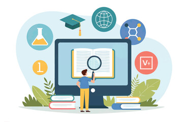 Person using magnifying glass to examine open book on computer screen surrounded by educational icons and plants isolated on white background