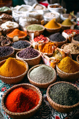 colorful spice assortments in baskets on a patterned cloth at a market