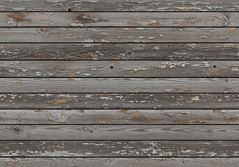 Obraz premium Old rustic barn wood texture, horizontal planks, chipped paint and natural wear, gray and dark brown mix, gritty surface, highly detailed seamless texture for background or wall mockup.