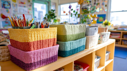Colorful woven storage bins stacked in children classroom with art supplies