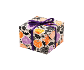 Festive halloween gift box with pumpkins bats and spiderwebs tied with purple ribbon isolated on transparent background