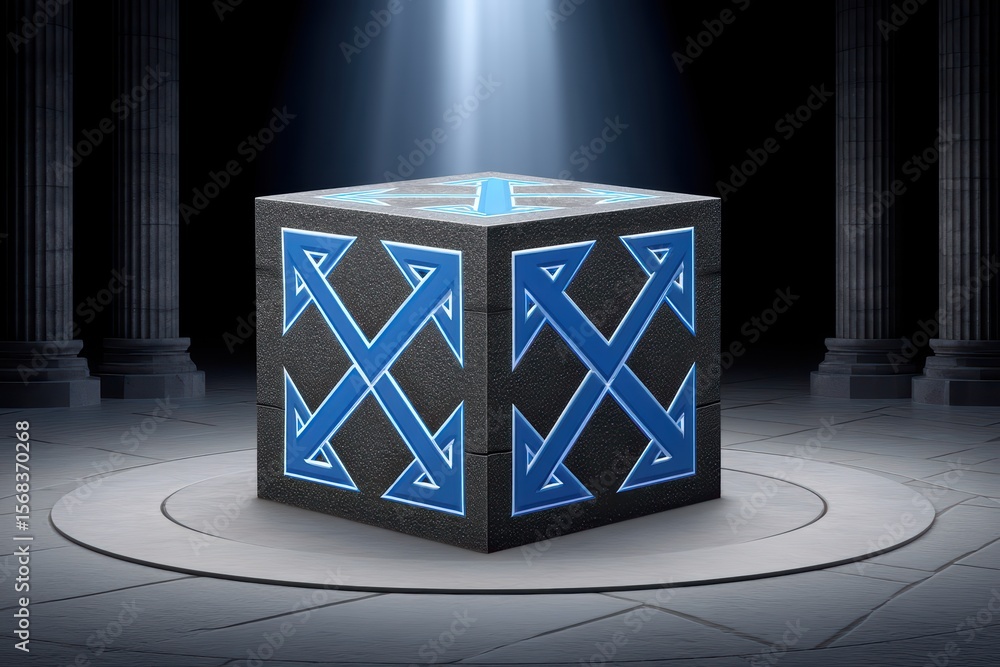 Aufkleber mysterious black cube with intricate blue symbols illuminated in an ancient temple setting