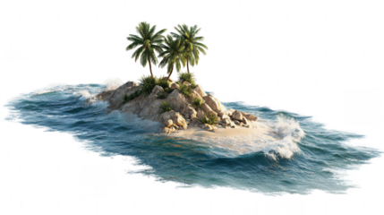 An island with palm trees and waves, isolated on a white background, png, transparent