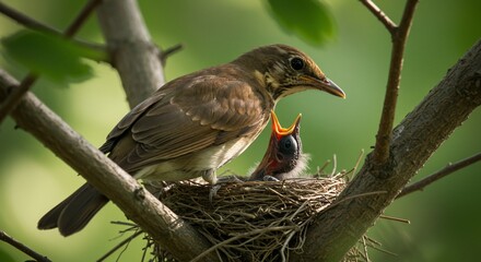 Fototapeta premium Thrush Mother Feeding Fledgling with Open Beak in Nest on Tree Branch