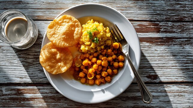 Pakistani halwa puri breakfast plate suji halwa spicy chana curry crispy golden puris served white ceramic plate pickles placed on a rustic wooden breakfast table in natural daylight top down view