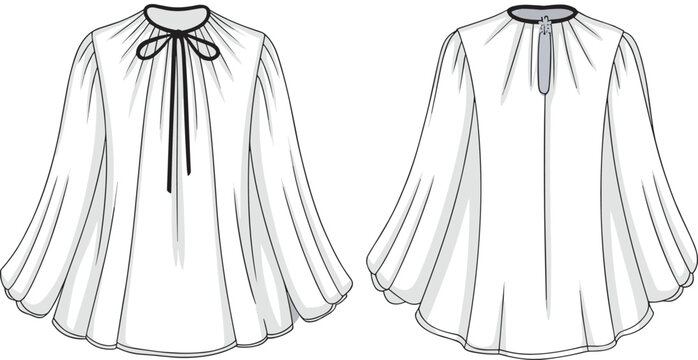 Long sleeve blouse vector, tie neck top sketch, women's fashion flat, flowy blouse drawing, gathered sleeve top, elegant top template, front back view