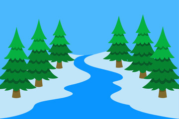 Fototapeta premium Snow Covered Forest With Tall Evergreens And A Frozen Lake