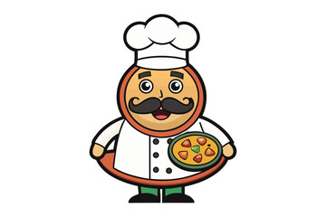 Culinary Chef: A cartoon chef, dressed in a classic toque and uniform, proudly presents a fresh pizza, embodying the joy and passion of culinary arts.
