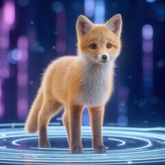 Obraz premium Cute Lively Fox Surrounded by Colorful Lights in a Futuristic Setting