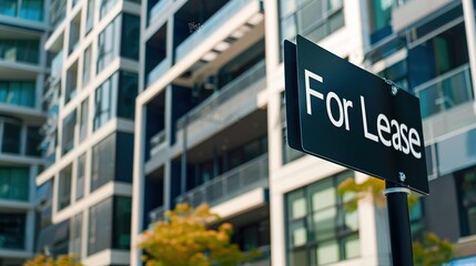 Fototapeta premium Modern apartment building with for lease sign in focus, urban real estate rental property and commercial space vacancy concept