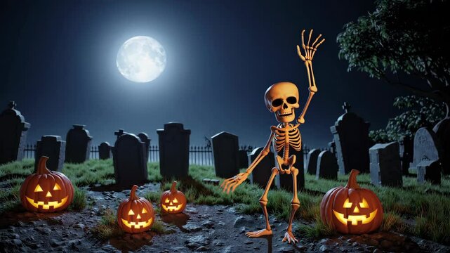 Halloween Day , Skeleton and Pumpkins in graveyard at full moon night , Holiday event halloween banner background concept