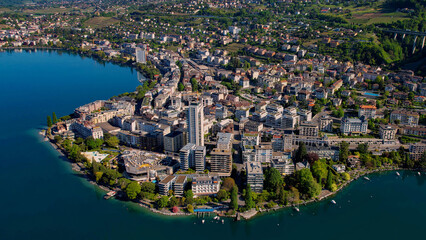 A panoramic aerial view around the old town of the city Montreux in Switzerland on a sunny spring...