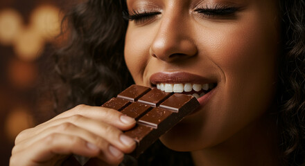 Close-up of a woman savoring a bite of dark chocolate, her eyes closed in pure delight, set against a warm, blurred background.