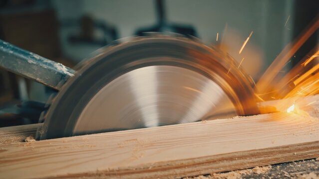 Circular saw cutting wood with sparks in workshop