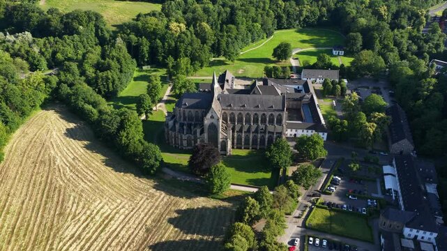 Altenberg Cathedral, aerial drone video. The Altenberger Dom or Bergischer Dom is the former abbey church of Altenberg Abbey