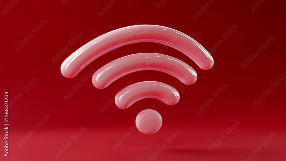 Poster pink wi-fi symbol is floating in the air on a red background. the wi-fi symbol is a representation o
