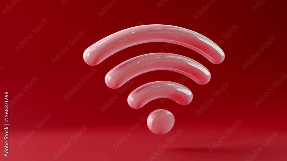 Poster pink wi-fi symbol is floating in the air on a red background. the wi-fi symbol is a representation o