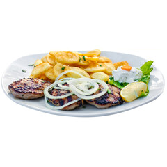 Gegrilltes Bifteki mit Knoblauchkartoffeln, Tsatsiki und Zwiebeln. 
Traditionelles griechisches...