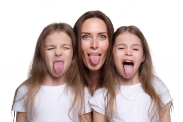 a mother with long, straight hair and two daughters in white t-shirts, sticking out their tongues, png, transparent