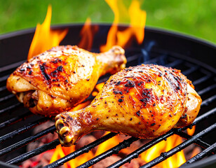 Chicken legs on a flaming grill. AI