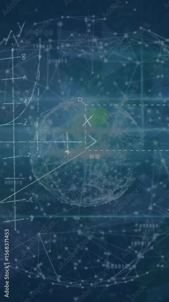 Poster animation of network of connections and data processing over dark background