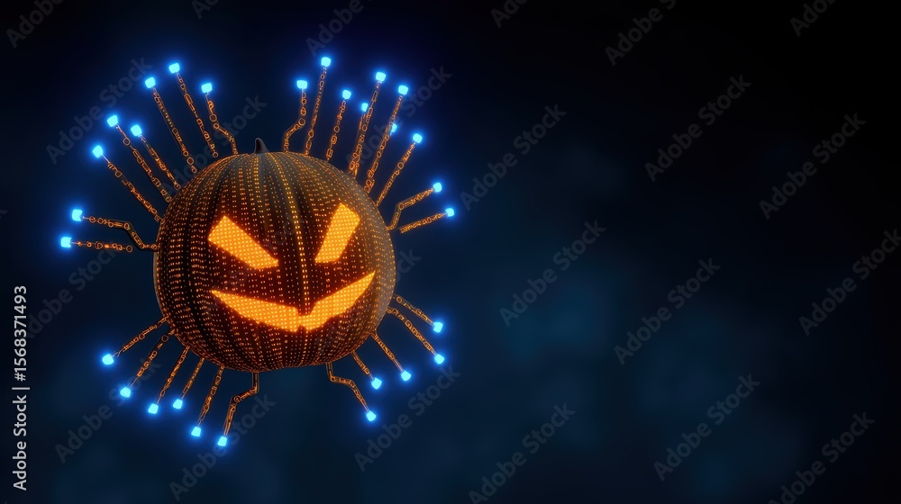Poster brightly glowing scary character with spiky hair and menacing expression floating in dark space back
