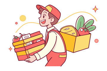 Fresh and Fast: a delivery person confidently transports a stack of boxes, while a crate of fresh ingredients awaits, capturing the essence of speedy service and the joy of fresh products.