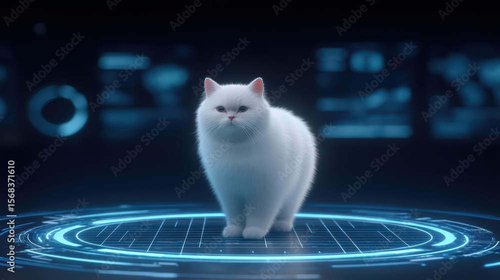 Aufkleber futuristic white cat with digital interface and holographic elements in a modern science setting