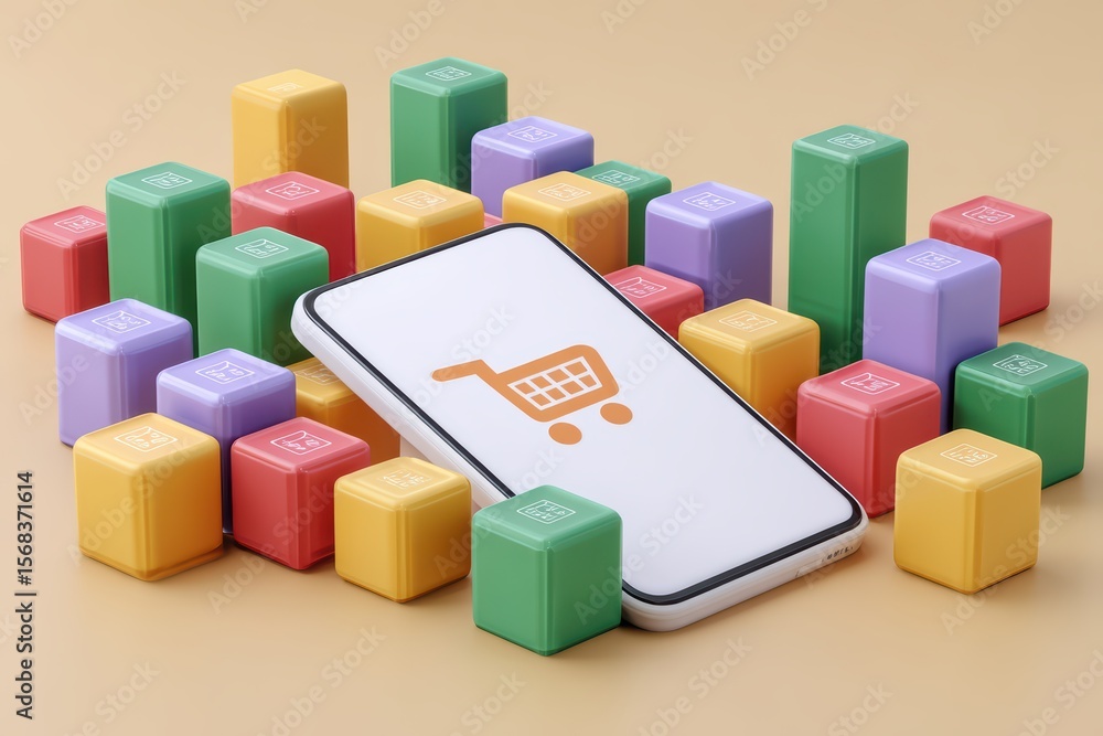 Poster colorful building blocks surrounding smartphone with shopping cart icon on neutral background