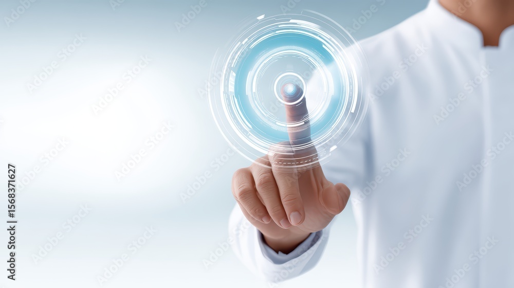 Poster futuristic touch interaction with digitally generated interface in a clean modern environment