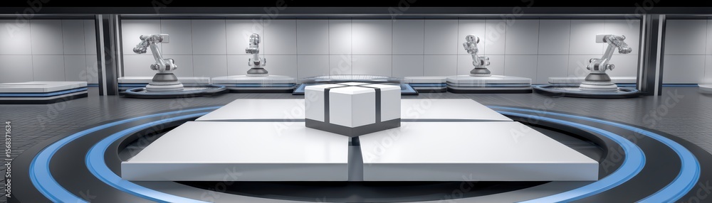Aufkleber modern industrial showcase with robotic arms and center display platform for innovative technology e