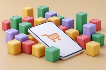 Obraz premium Colorful Building Blocks Surrounding Smartphone with Shopping Cart Icon on Neutral Background