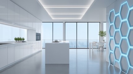 Fototapeta premium Modern Bright Kitchen Interior with Sleek Design, Large Windows, and Innovative Hexagonal Panel Decoration