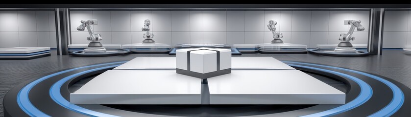 Modern Industrial Showcase with Robotic Arms and Center Display Platform for Innovative Technology Environment