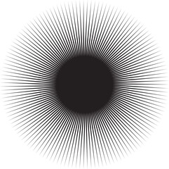 A black and white vector image featuring a perfectly circular, solid black center from which numerous thin, radial lines emanate outwards, creating a sunburst or starburst effect.