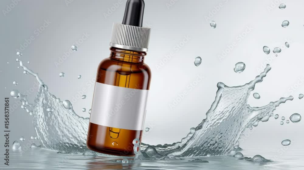 Poster bottle of perfume is floating in a splash of water. the bottle is brown and has a white label. the w