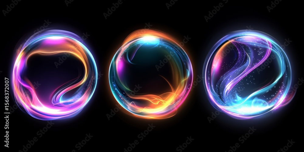 Aufkleber Three colorful spheres with a purple and orange swirl in the middle. The spheres are all different sizes and are surrounded by a dark background