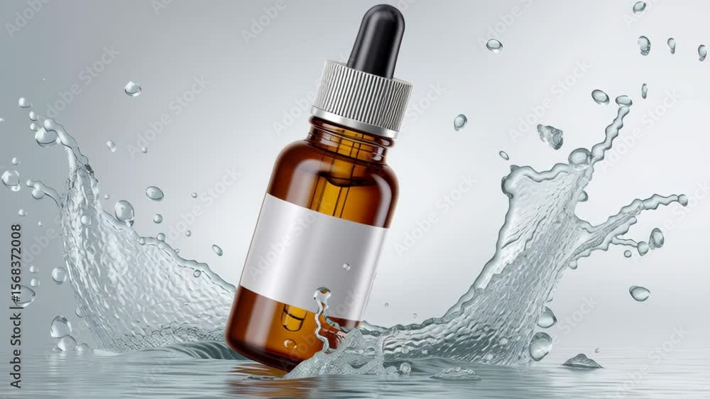Poster bottle of perfume is floating in a splash of water. the bottle is brown and has a silver cap. the wa