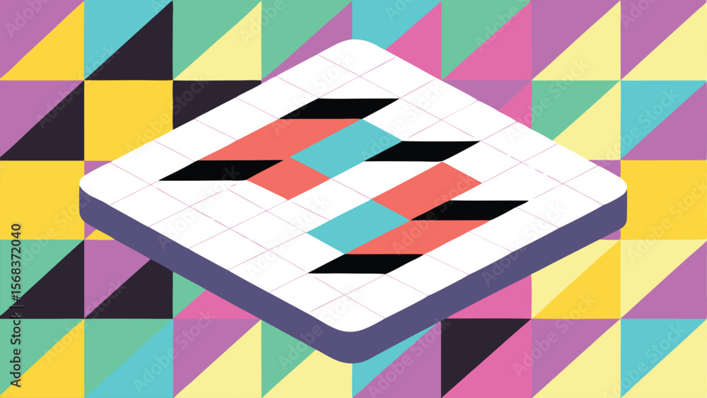 Poster abstract geometric design with isometric elements and vibrant colorful triangles