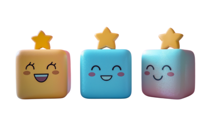 Realistic 3D Effect of Smiling Cartoon Blocks with Star Toppers. Transparent PNG.  – Cute character cubes ideal for kids' product designs or nursery decor
