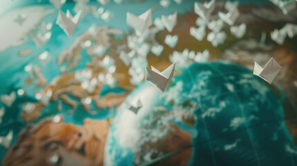 Symbolic globe with tiny paper boats floating towards country border, representing migration, global movement, and international relations concepts.