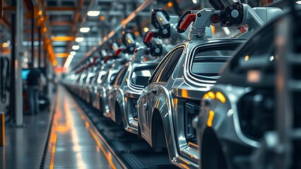 Fototapeta premium Robotic arms work on an automobile assembly line, reflecting industrial precision and technology.