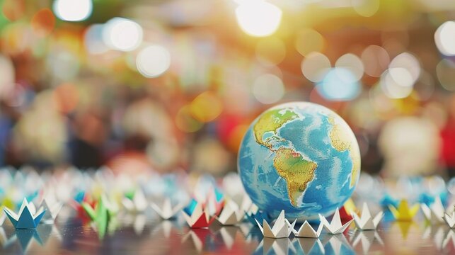Symbolic globe with tiny paper boats floating towards country border, representing migration, global movement, and international relations concepts.